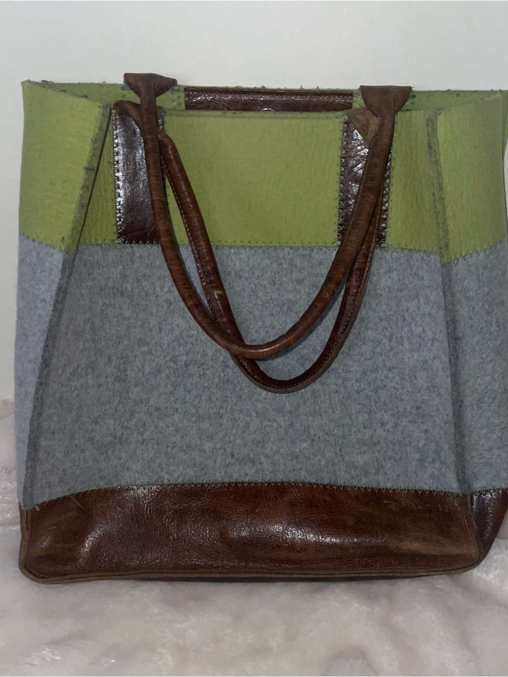 Two-Tone Green & Gray Felt Tote with Brown Leather Trim